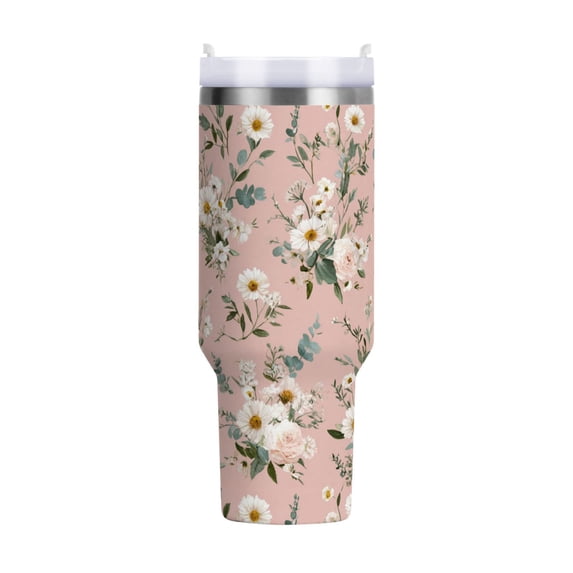 40 oz Tumbler With Handle Stainless Steel Insulated Tumbler With Lid for Car Cup Holder Small White and Pink Flowers