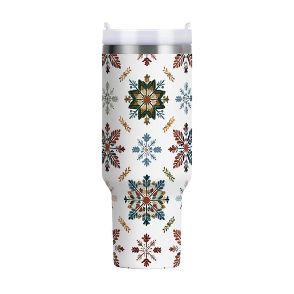 40 oz Tumbler With Handle Stainless Steel Insulated Tumbler With Lid for Car Cup Holder Traditional Snowflakes Motifs