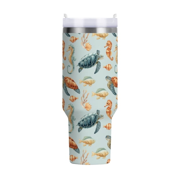 40 oz Tumbler With Handle Stainless Steel Insulated Tumbler With Lid for Car Cup Holder Turtles Seahorses and Fish Pattern