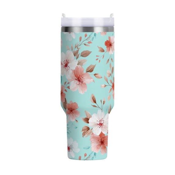 40 oz Tumbler With Handle Stainless Steel Insulated Tumbler With Lid for Car Cup Holder Watercolor Coral Pink Flowers