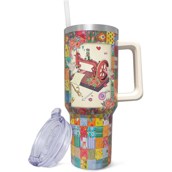40OZ Stainless Steel Insulated Tumbler with Handle and Straw | Sewing-Themed Reusable Coffee Mug | Leak-Proof Lid | Gift for Sewing Lovers