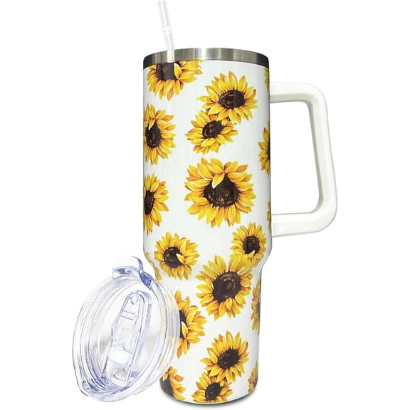 40 oz Tumbler With handle and straw,Sunflower Stainless Steel Cup Extra Large Vacuum Double Wall Insulated Tumblers Travel Mug,Hot and cold beverages Car Cup