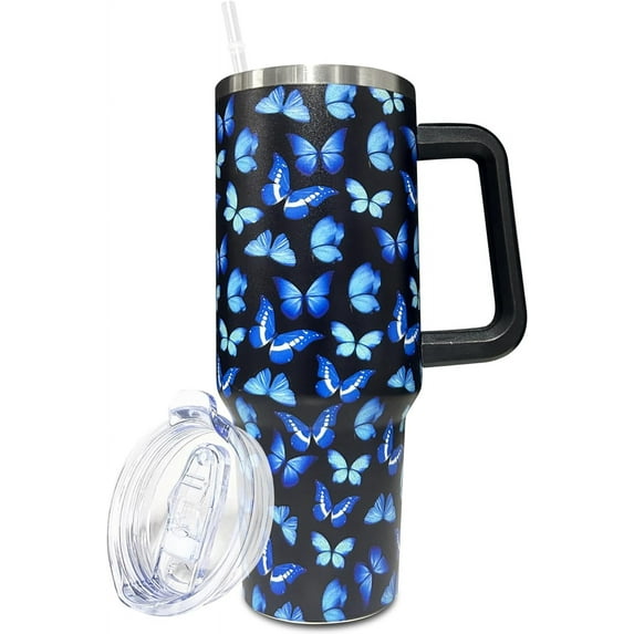 40 oz Tumbler With handle and straw,Butterfly Stainless Steel Cup Extra Large Vacuum Double Wall Insulated Tumblers Travel Mug,Hot and cold beverages Car Cup