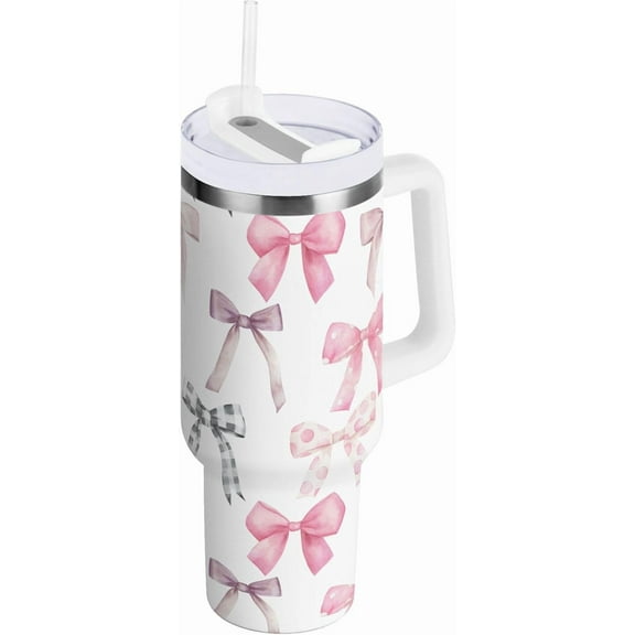 40 oz Tumbler with Handle Cute Bows Ribbons Insulated Water Bottle with Straw Lid Vacuum Insulated Stainless Steel Travel Coffee Mug