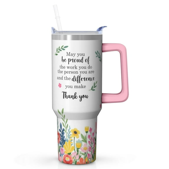40 oz Tumbler with Handle Floral Thank You Gift, Insulated Travel Mug with Straw Lid, Appreciation Tumbler Cup for Teachers Nurses Coworkers
