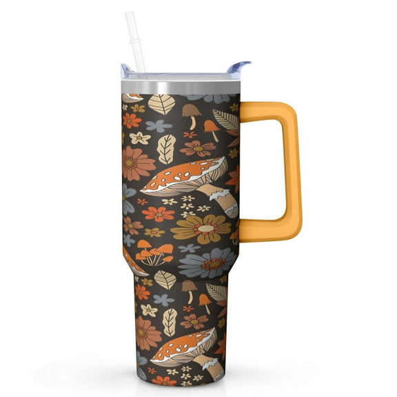 40 oz Tumbler with Handle Mushroom Forest Theme Insulated Cup with Straw Lid, Fall Boho Travel Mug for Women and Girls