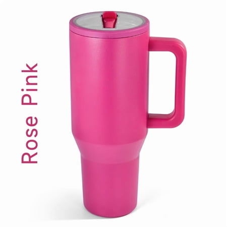 40 oz Tumbler with Handle and Flip Straw Lid Vacuum Insulated Leak Proof Stainless Steel mug rose pink