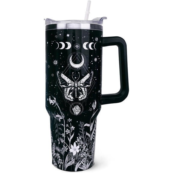 40 oz Tumbler with Handle and Straw, 40oz Goth Tumbler with Handle Insulated Leak Proof Travel Coffee Mug, Reusable Stainless Steel Tumblers