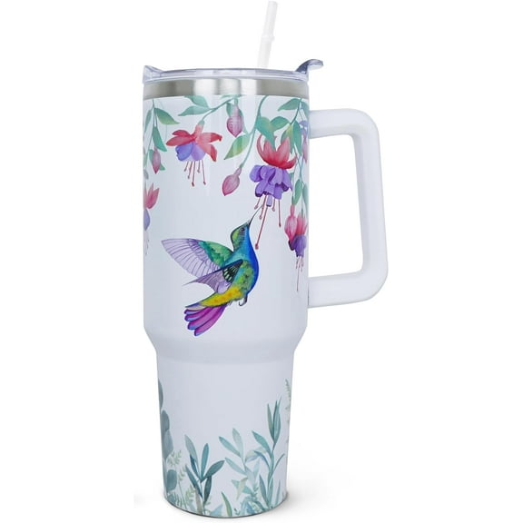 40 oz Tumbler with Handle and Straw, 40oz Hummingbird Tumbler with Handle Insulated Leak Proof Travel Coffee Mug, Reusable Stainless Steel Tumblers