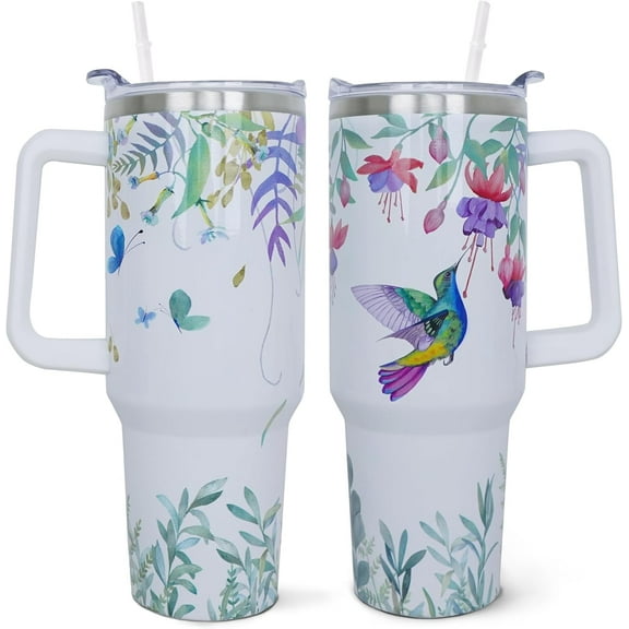 40 oz Tumbler with Handle and Straw, 40oz Hummingbird Tumbler with Handle Insulated Leak Proof Travel Coffee Mug, Reusable Stainless Steel Tumblers