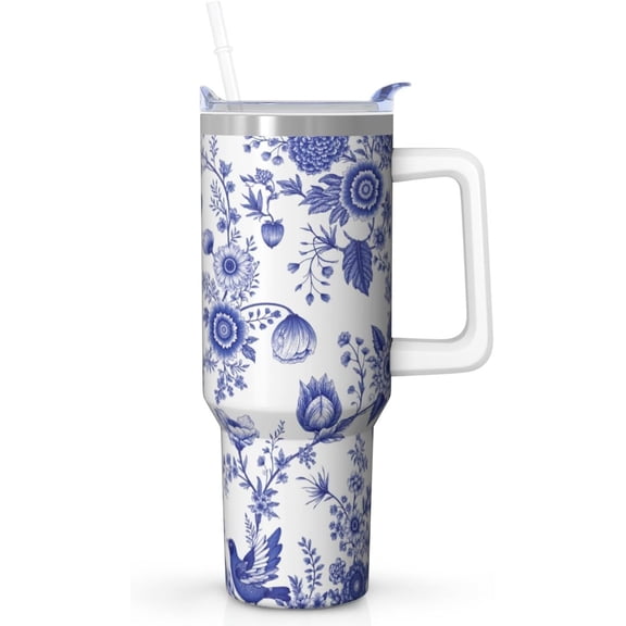 40 oz Tumbler with Handle and Straw, Blue White Floral Mug, Chinoiserie Style Stainless Steel Cup, BPA Free, Dishwasher Safe