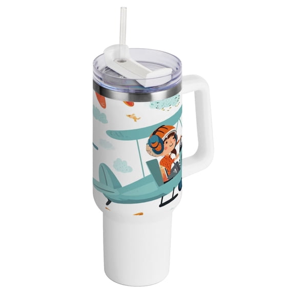 40 oz Tumbler with Handle and Straw Insulated Travel Mug Reusable Stainless Steel Water Bottle Cartoon Airplane