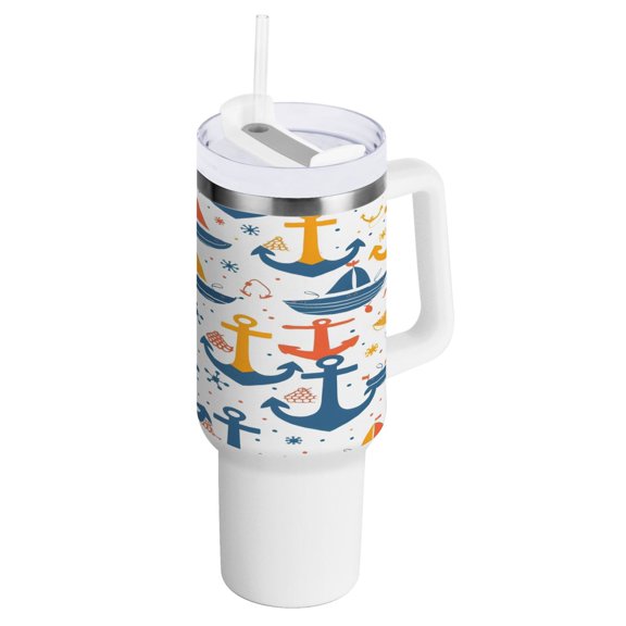 40 oz Tumbler with Handle and Straw Lid Anchors Boats Dots Insulated Vacuum Water Bottle Stainless Steel Travel Cup