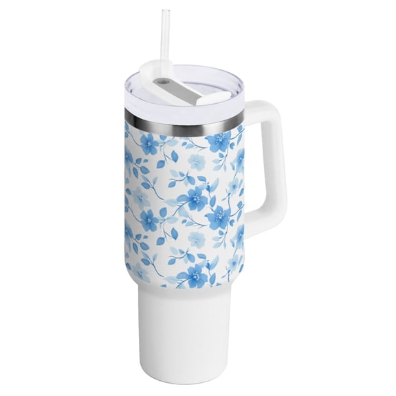 40 oz Tumbler with Handle and Straw Lid Blue Flower and Leaf Insulated Vacuum Water Bottle Stainless Steel Travel Cup