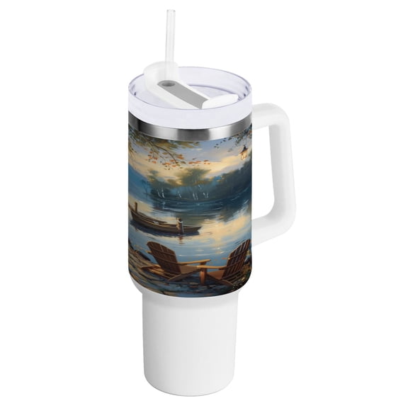 40 oz Tumbler with Handle and Straw Lid Boats Chairs Lakehouse Insulated Vacuum Water Bottle Stainless Steel Travel Cup