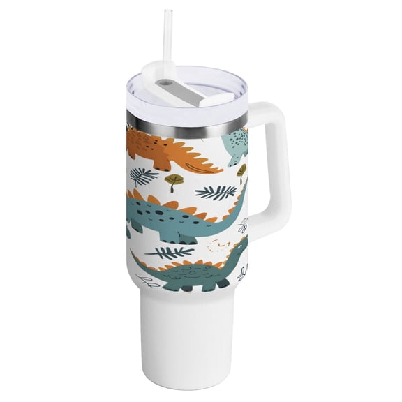 40 oz Tumbler with Handle and Straw Lid Cartoon Dinosaurs Leaves Insulated Vacuum Water Bottle Stainless Steel Travel Cup