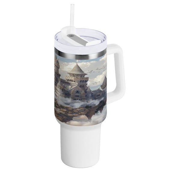 40 oz Tumbler with Handle and Straw Lid Castles Float in Air Insulated Vacuum Water Bottle Stainless Steel Travel Cup