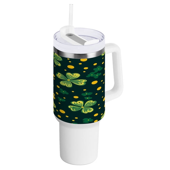40 oz Tumbler with Handle and Straw Lid Clover and Dots Insulated Vacuum Water Bottle Stainless Steel Travel Cup