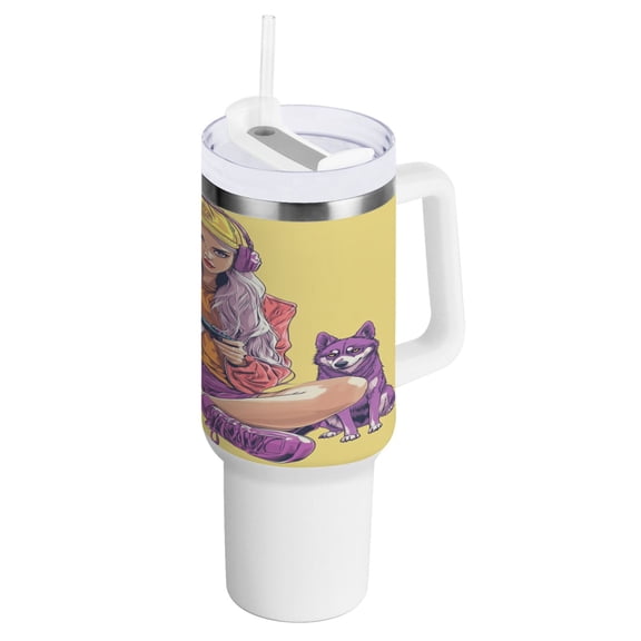40 oz Tumbler with Handle and Straw Lid Cool Girl Play Game and Dog Insulated Vacuum Water Bottle Stainless Steel Travel Cup