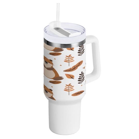40 oz Tumbler with Handle and Straw Lid Cute Beaver and Leaf Insulated Vacuum Water Bottle Stainless Steel Travel Cup