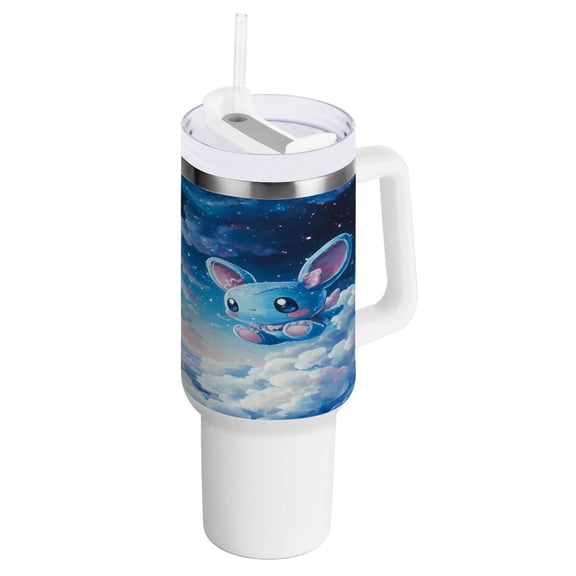 40 oz Tumbler with Handle and Straw Lid Cute Blue Mouse in Sky Insulated Vacuum Water Bottle Stainless Steel Travel Cup