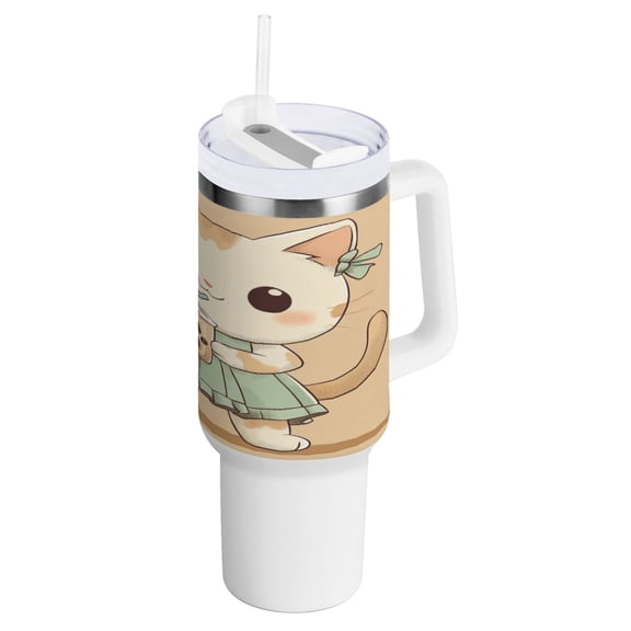 40 oz Tumbler with Handle and Straw Lid Cute Cat Drink Bubble Tea Insulated Vacuum Water Bottle Stainless Steel Travel Cup