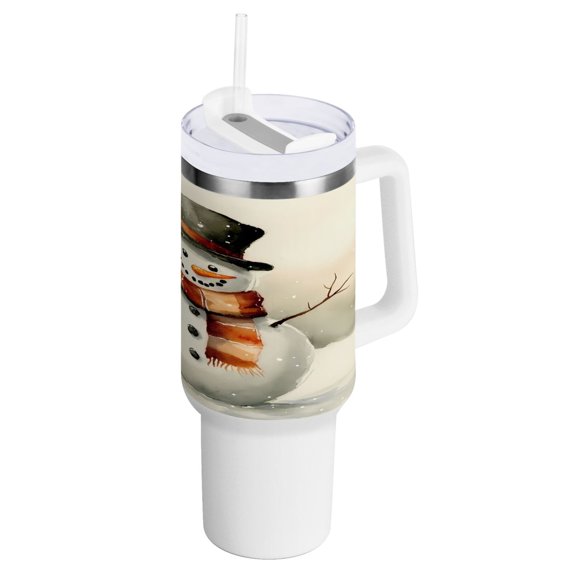 40 oz Tumbler with Handle and Straw Lid Cute Snowman with Hat Scarf Insulated Vacuum Water Bottle Stainless Steel Travel Cup