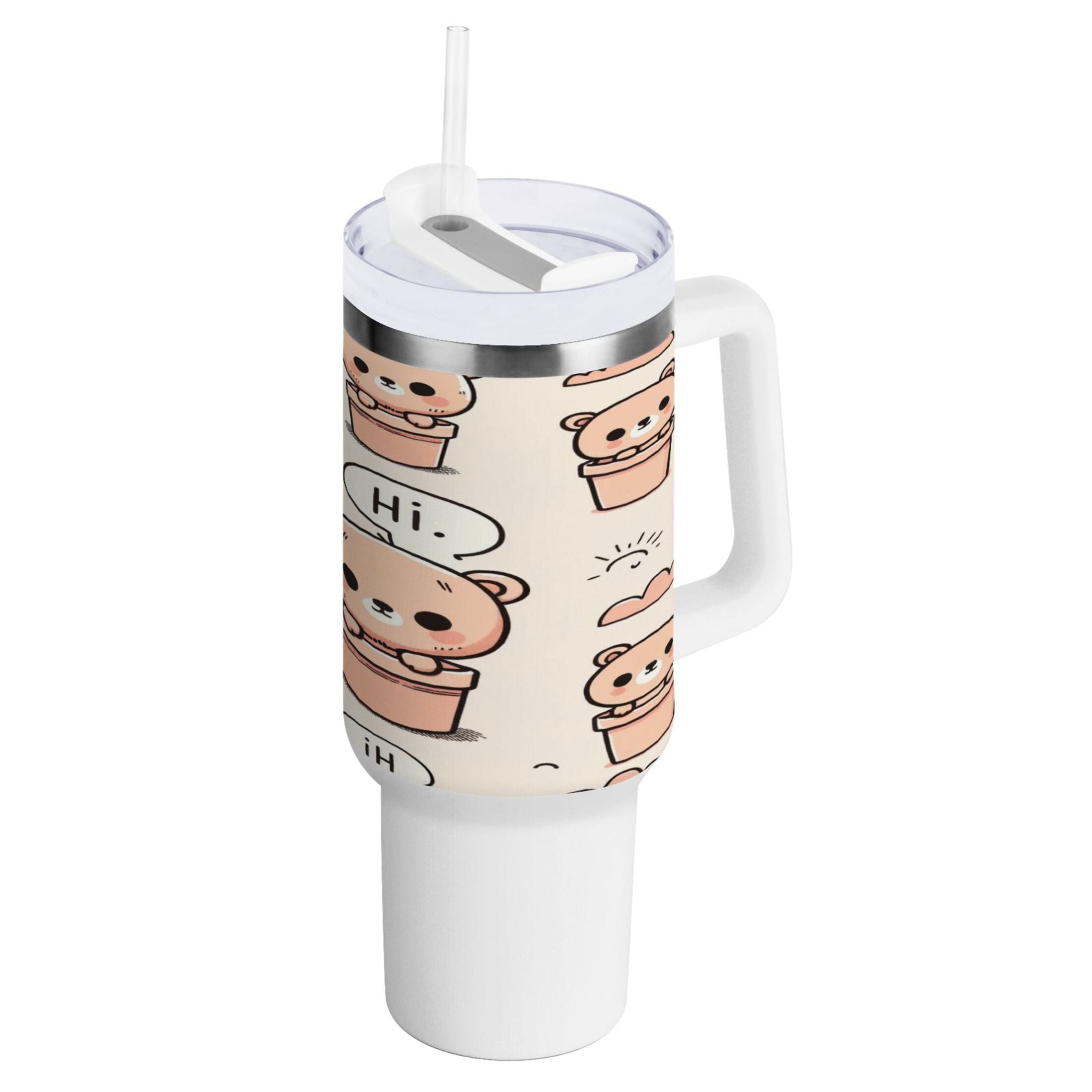 40 oz Tumbler with Handle and Straw Lid Cute Teddy Bear in Pots
