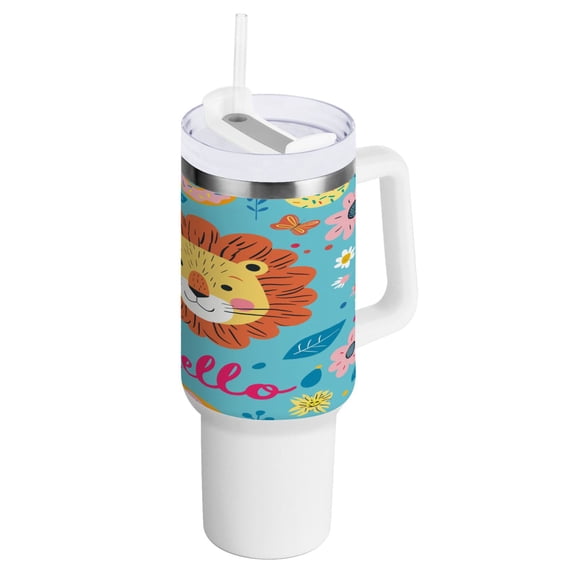40 oz Tumbler with Handle and Straw Lid Hello Lion Face Insulated Vacuum Water Bottle Stainless Steel Travel Cup
