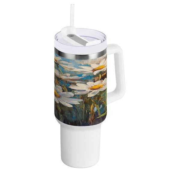 40 oz Tumbler with Handle and Straw Lid Oil Painting Of Daisies Insulated Vacuum Water Bottle Stainless Steel Travel Cup