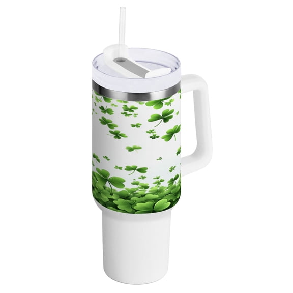 40 oz Tumbler with Handle and Straw Lid Shamrocks Floating in Air Insulated Vacuum Water Bottle Stainless Steel Travel Cup