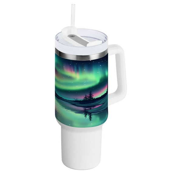 40 oz Tumbler with Handle and Straw Lid Snow Aurora Insulated Vacuum Water Bottle Stainless Steel Travel Cup