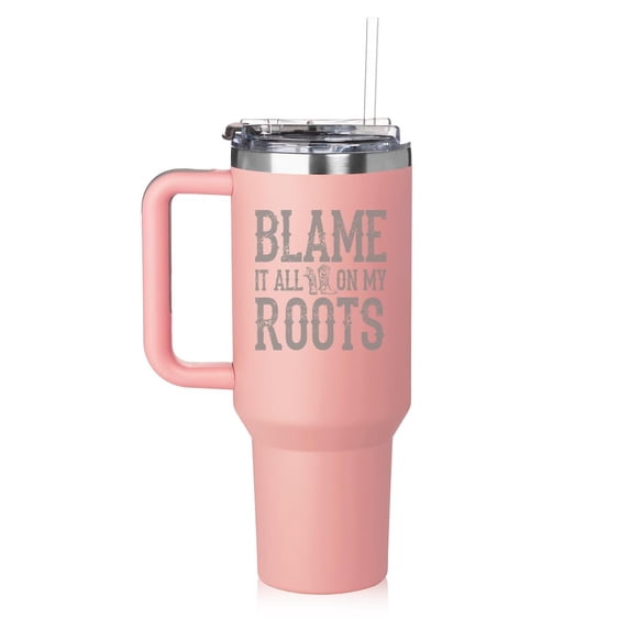 40 oz Tumbler with Handle and Straw Lid Stainless Steel Insulated Travel Mug Cup Blame It All On My Roots Cowboy Cowgirl Boots Country Music (Pink)