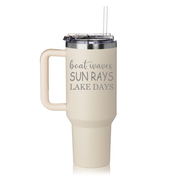 40 oz Tumbler with Handle and Straw Lid Stainless Steel Insulated Travel Mug Cup Boat Waves Sun Rays Lake Days (Cream)