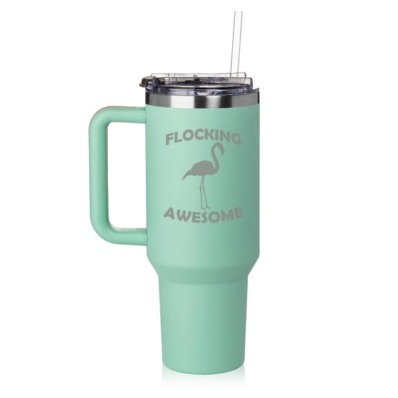 40 oz Tumbler with Handle and Straw Lid Stainless Steel Insulated Travel Mug Cup Flocking Awesome Flamingo Funny (Sea-Foam-Green)