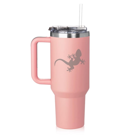 40 oz Tumbler with Handle and Straw Lid Stainless Steel Insulated Travel Mug Cup Gecko Lizard (Pink)