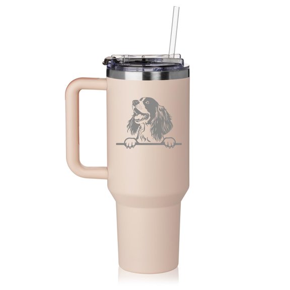 40 oz Tumbler with Handle and Straw Lid Stainless Steel Insulated Travel Mug Cup Peeking Springer Spaniel Dog (Rose Quartz)