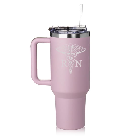 40 oz Tumbler with Handle and Straw Lid Stainless Steel Insulated Travel Mug Cup RN Registered Nurse Medical Symbol (Purple)