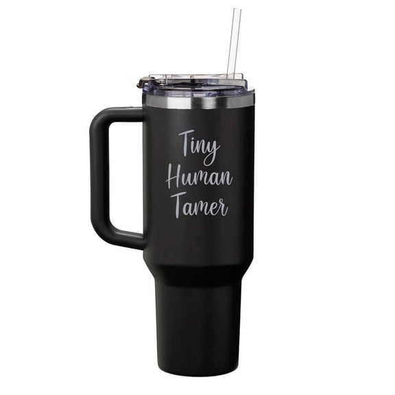 40 oz Tumbler with Handle and Straw Lid Stainless Steel Insulated Travel Mug Cup Tiny Human Tamer Funny Preschool Teacher Daycare (Black)