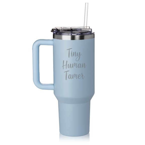 40 oz Tumbler with Handle and Straw Lid Stainless Steel Insulated Travel Mug Cup Tiny Human Tamer Funny Preschool Teacher Daycare (Blue)
