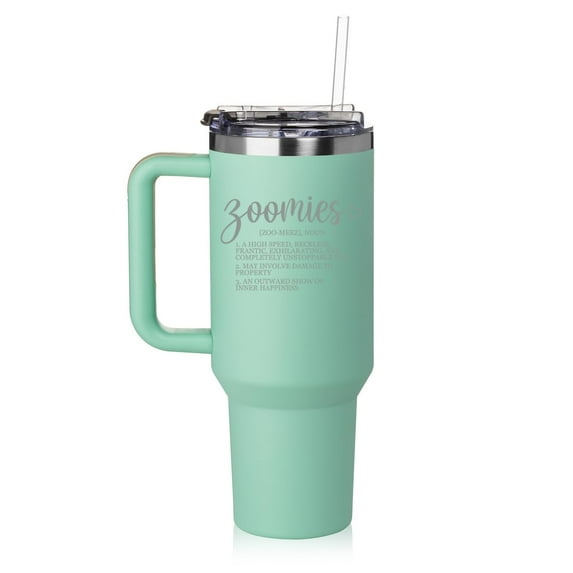 40 oz Tumbler with Handle and Straw Lid Stainless Steel Insulated Travel Mug Cup Zoomies Definition Funny Dog Lover Gift For Dog Mom (Sea Foam Green)