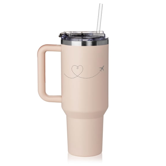 40 oz Tumbler with Handle and Straw Lid Stainless Steel Insulated Travel Mug Cup heart love travel airplane (Rose Quartz)