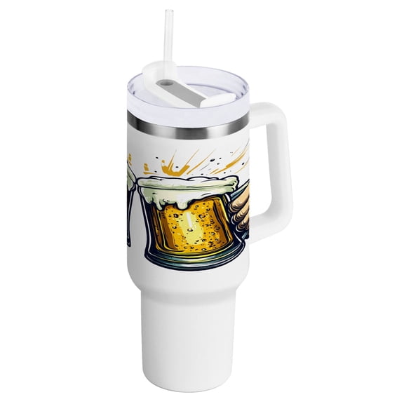 40 oz Tumbler with Handle and Straw Lid Two Hands Clinking Beer Mugs Insulated Vacuum Water Bottle Stainless Steel Travel Cup