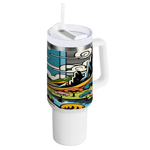 40 oz Tumbler with Handle and Straw Lid Vibrant Woodblock Landscapes Insulated Vacuum Water Bottle Stainless Steel Travel Cup