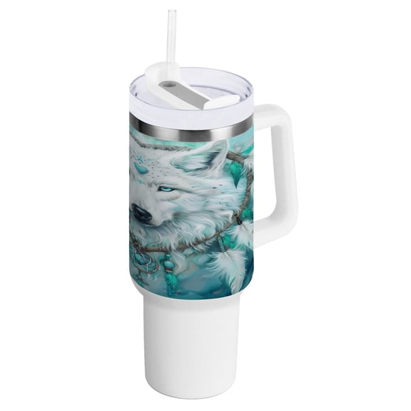 40 oz Tumbler with Handle and Straw Lid Wolf with Heart Ring Insulated Vacuum Water Bottle Stainless Steel Travel Cup