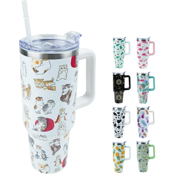 40 oz Tumbler with Handle and Straw, Stainless Steel Insulated Cup with Leak Proof Lid and Straw Lid, Keep Drinks Cold and Hot for Hours(Cat)