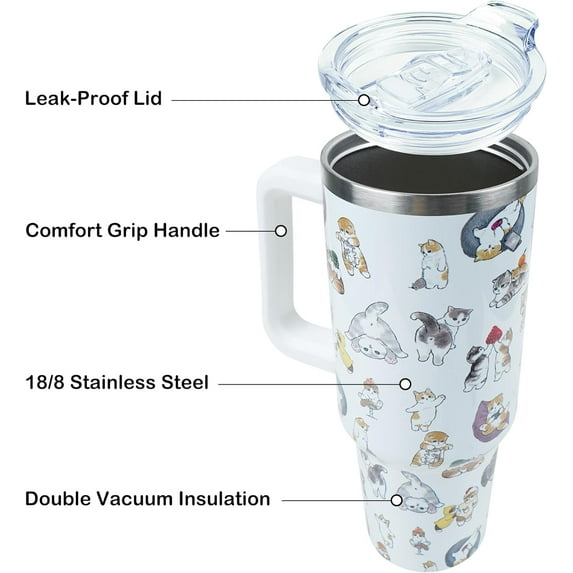 40 oz Tumbler with Handle and Straw, Stainless Steel Insulated Cup with Leak Proof Lid and Straw Lid, Keep Drinks Cold and Hot for Hours(Cat)