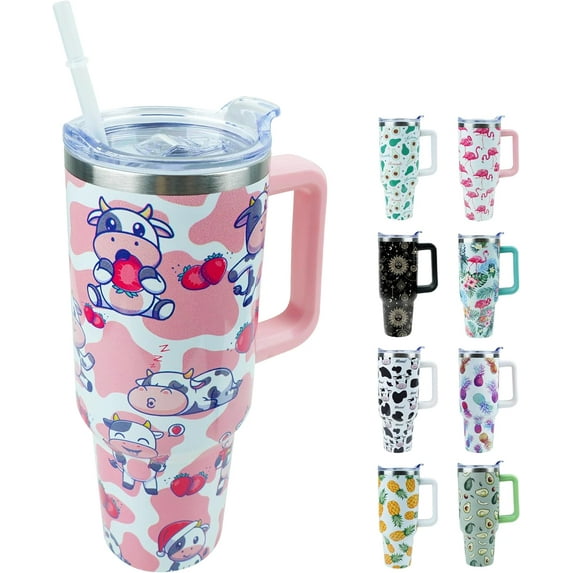 40 oz Tumbler with Handle and Straw, Stainless Steel Insulated Cup with Leak Proof Lid and Straw Lid, Keep Drinks Cold and Hot for Hours(Cow)