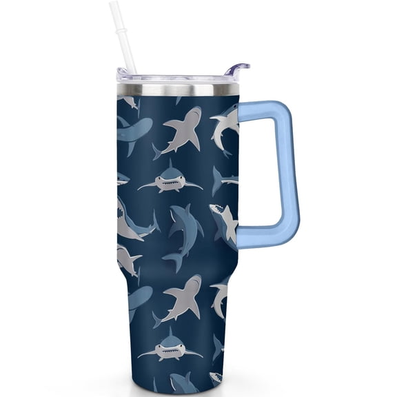 40 oz Vacuum Insulated Shark Tumbler with Handle Flip Straw Lid Leak Proof Stainless Steel Travel Cup Shark Tumblers with Lids Straws Ideal Gifts for Him Her Travel Accessories Must Have