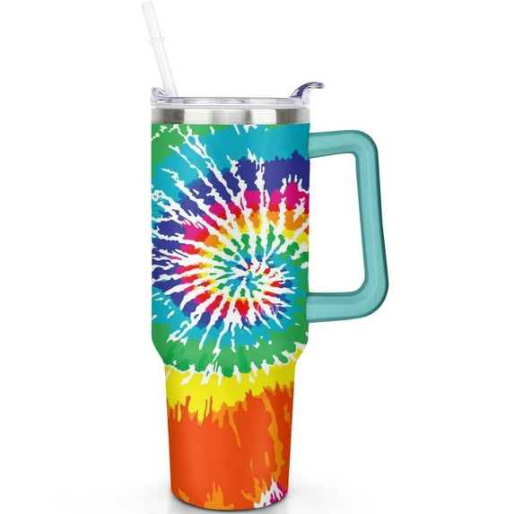 40 oz Vacuum Insulated Tie dye Tumbler with Handle Flip Straw Lid Leak Proof Stainless Steel Travel Cup Tie dye Travel Must Haves Tumblers with Lids Straws Ideal Gifts for Him Her